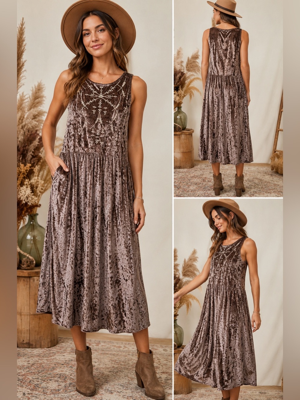 POL Crushed Velvet Embroidered Sleeveless Midi Dress Brown Taupe Boho Size L